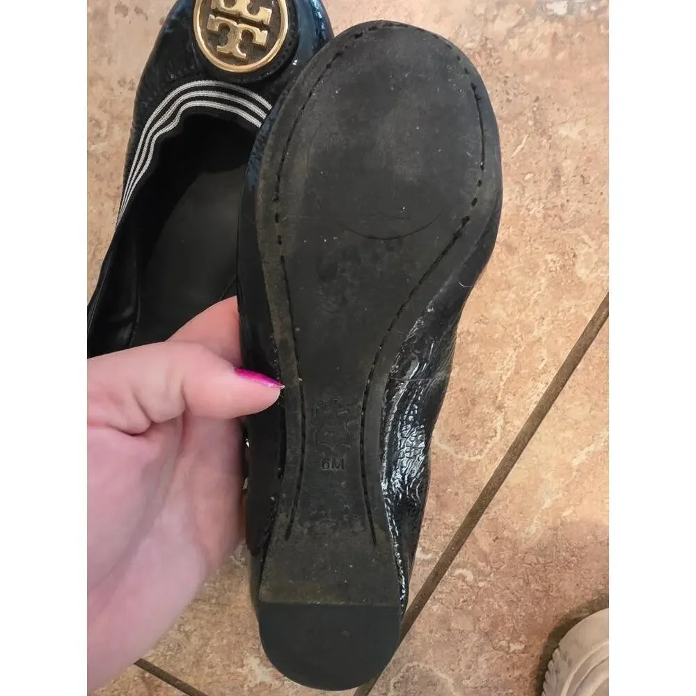 Tory Burch Caroline II Ballet Flats Navy Patent Leather Gold Logo Size 6